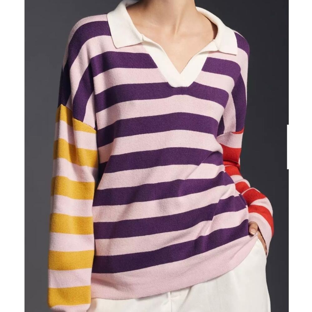 KULE Striped Polo Sweater in Purple, Pink, Mustard & Red